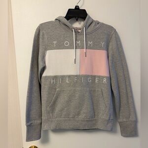 Tommy Hilfiger Gray Hoodie with Pink and White Panels Size XS EUC